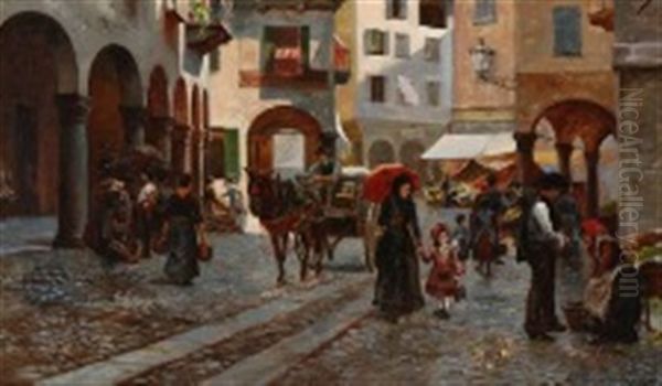 A Market Scene From Lugano Oil Painting by August Fischer