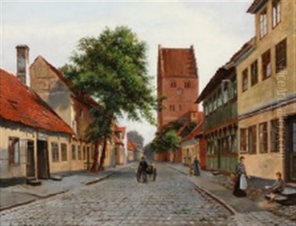 View From Kirkestraede In Koge Oil Painting by August Fischer