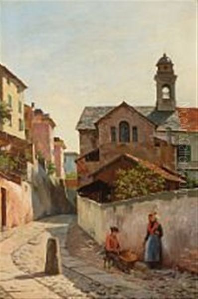 Street View From San Remo With A Basket Maker Oil Painting by August Fischer