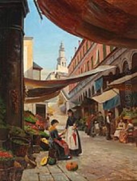 Market Scenery From Venice Oil Painting by August Fischer