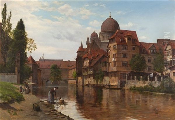 Blick Vom Pegnitzufer In Nurnberg Auf Die Synagoge Oil Painting by August Fischer