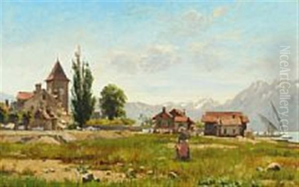 A Calm Summer Day In Ouchy In Lausanne Oil Painting by August Fischer