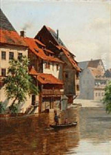 Canal Scene From Nuremberg Oil Painting by August Fischer