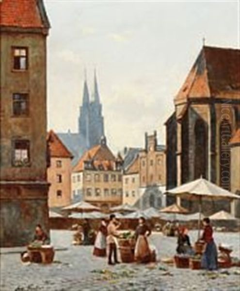 Street Scene From Nuremberg Oil Painting by August Fischer