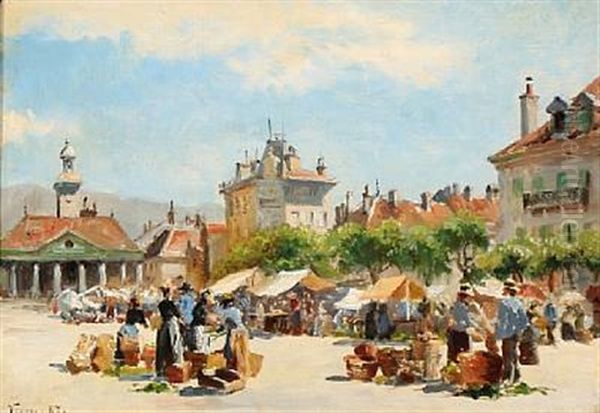 Market Day In Vevey In Switzerland Oil Painting by August Fischer