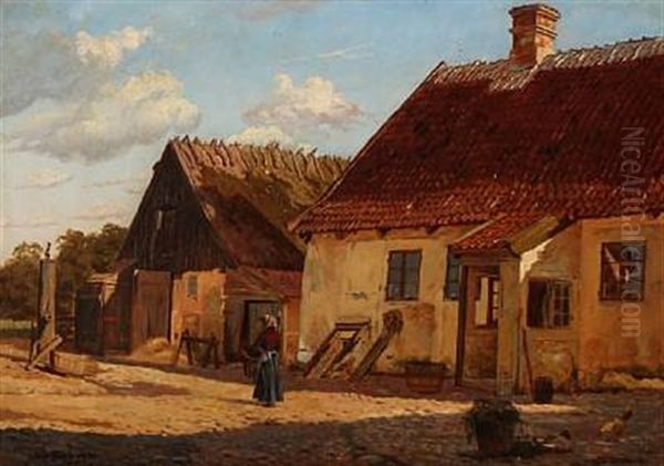 Gaardparti Fra Lygtekroen Oil Painting by August Fischer