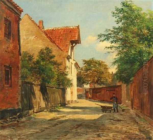 Town Scape With Street Sweeper Oil Painting by August Fischer