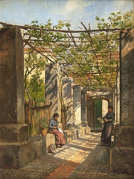 Arbetande Kvinnor I Solbelyst Tradgard Med Pergola Och Vinrankor Oil Painting by August Fischer