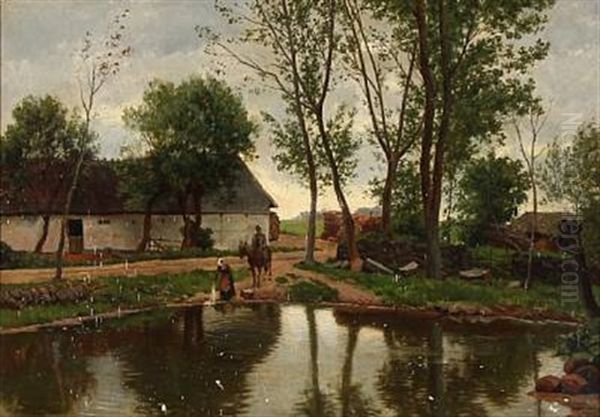 A Washerwoman And A Gentleman On Horseback At A Lake In Front Of A Farm Oil Painting by August Fischer