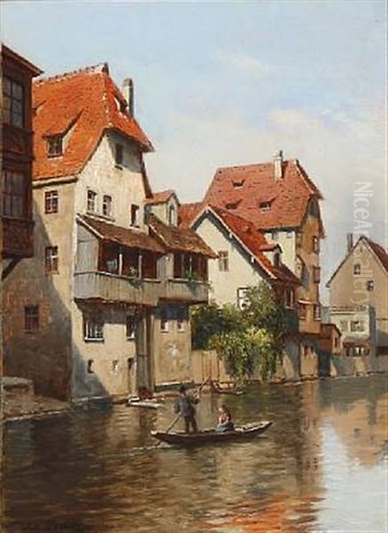 Kanalparti Ved Regnitzfloden, Nurnberg Oil Painting by August Fischer