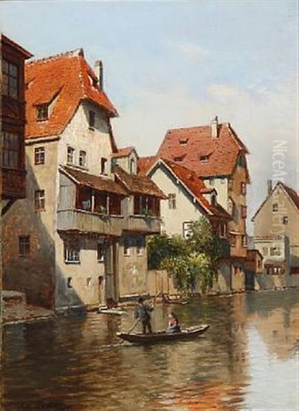 Kanalparti Ved Regnitzfloden, Nurnberg Oil Painting by August Fischer