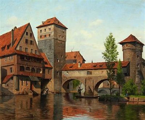 Scene From Nurnberg With People By The River Oil Painting by August Fischer