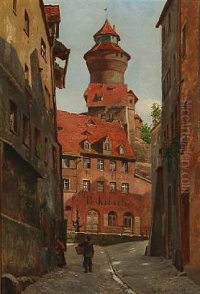 Street View From Rothenburg, Germany Oil Painting by August Fischer