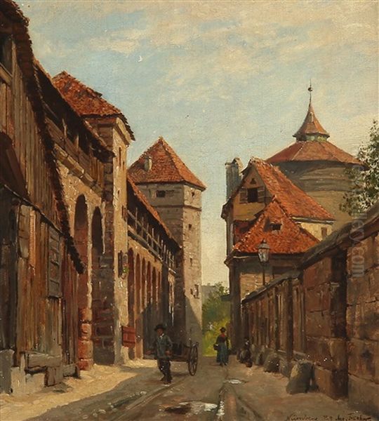 Street Scene From Nuremberg, Germany Oil Painting by August Fischer