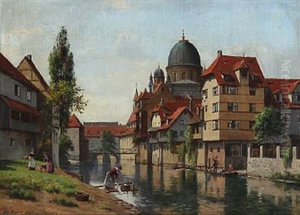 The Jewish Synagogue In Nurnberg, Seen From The Island Schutt Oil Painting by August Fischer