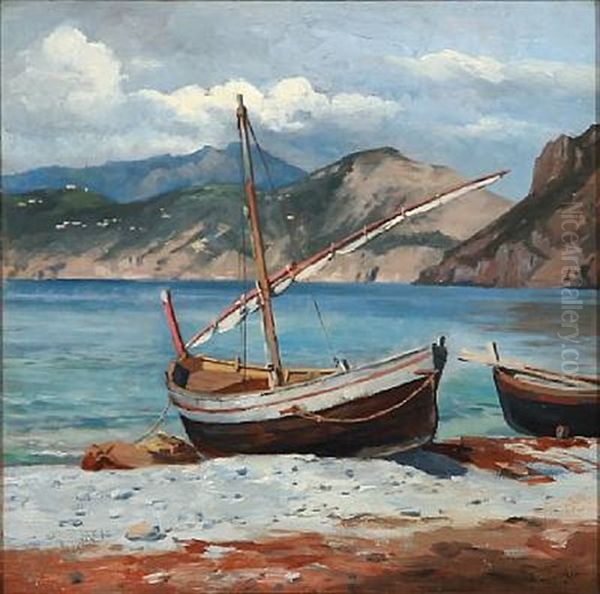 Fishing Boats On The Beach Of Capri Oil Painting by August Fischer