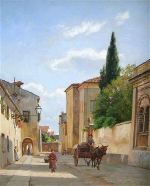 Figures And A Horse And Cart In A City Street Oil Painting by August Fischer