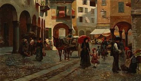 Gade I Lugano (street Scene From Lugano In Italy) Oil Painting by August Fischer