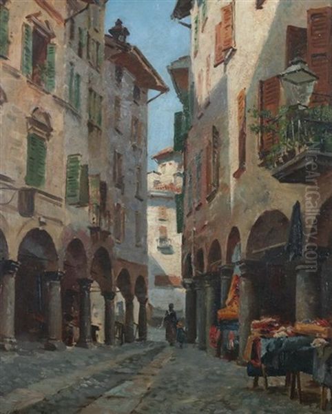 A Street In Lugano Oil Painting by August Fischer