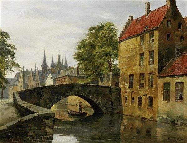 Ansicht Von Brugge Mit Rathaus Oil Painting by August Fischer