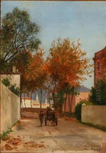 Street Scene From Menton In Southern France Oil Painting by August Fischer