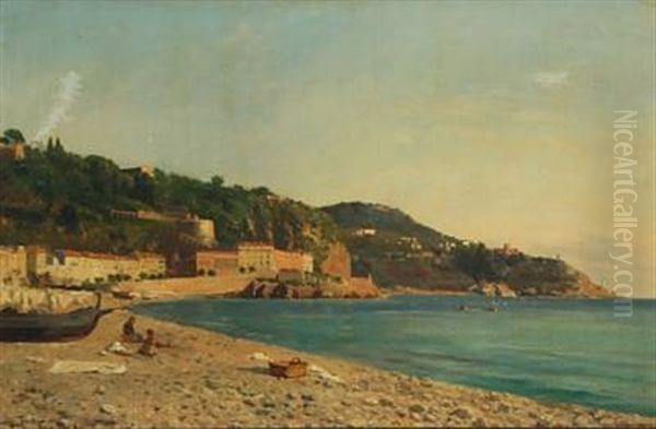 Coastal Scene In Nice Oil Painting by August Fischer