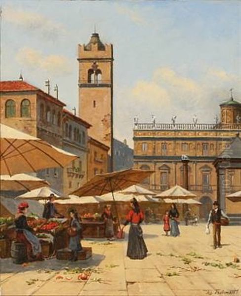 Piazza Del'erbe In Verona Oil Painting by August Fischer