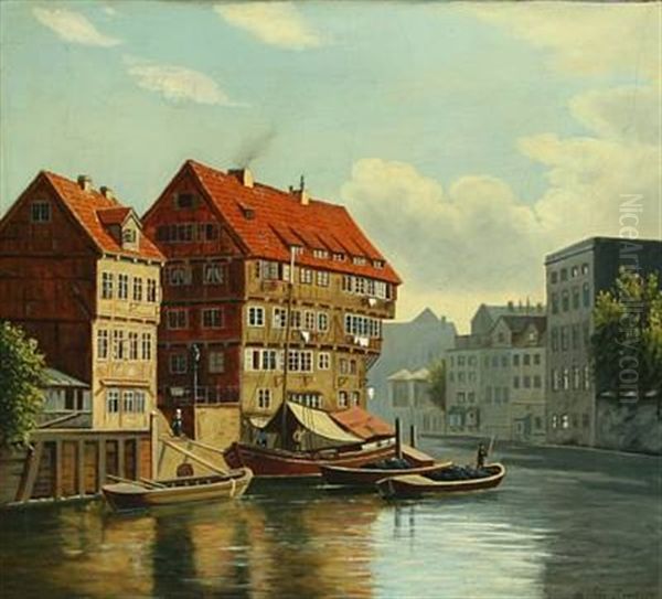 Scene From A German Town Oil Painting by August Fischer