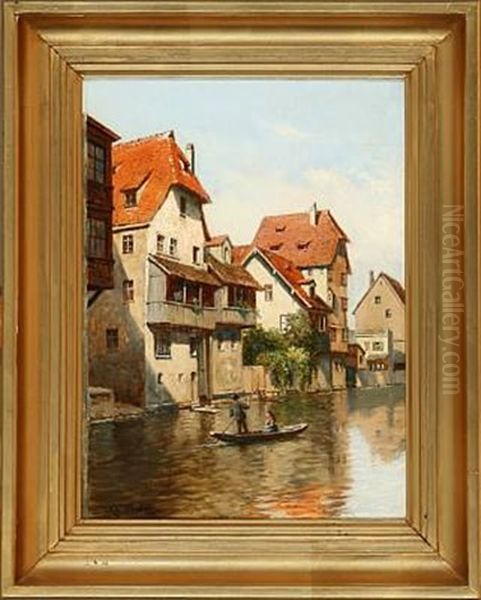 Kanalparti Ved Regnitzfloden, Nurnberg Oil Painting by August Fischer