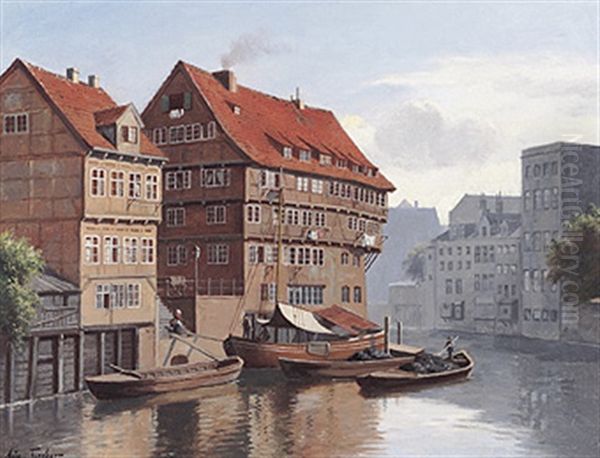 Hamburger Kanalansicht An Einem Sonnentag Oil Painting by August Fischer