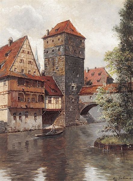 Blick Uber Die Pegnitz Auf Das Alte Nurnberg Mit Kasemattentor Oil Painting by August Fischer