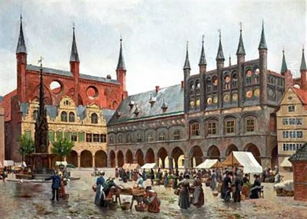 View From The Market Place In Lubeck Oil Painting by August Fischer