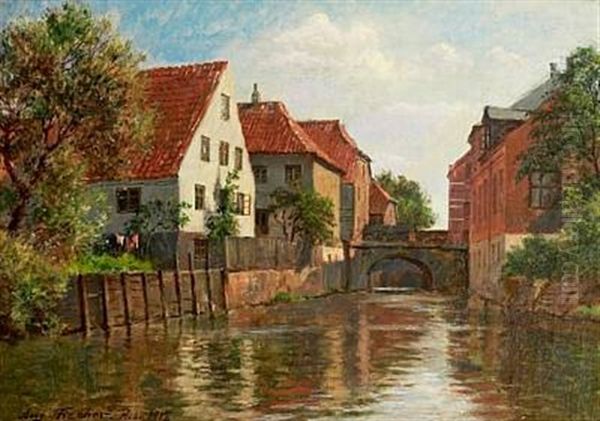 A Canal Scenery From The Town Of Ribe Oil Painting by August Fischer