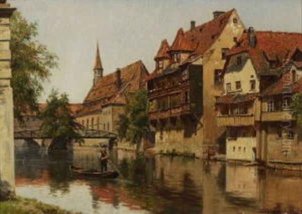 Nurnberg - Partie An Der Pegnitz Oil Painting by August Fischer