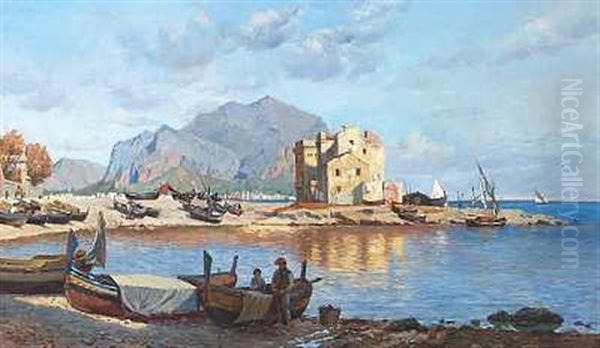 Italiensk Kystparti Med Fiskere Ved Deres Optrukne Bade (palermo?) Oil Painting by August Fischer