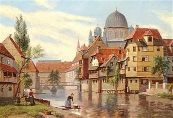 Vaskekoner Ved Floden I Nurnberg Oil Painting by August Fischer