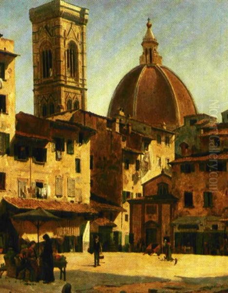 Det Gamle Torv, Mercato Vecchio, I Firenze, I Baggrunden Domkirken Kuppel Oil Painting by August Fischer