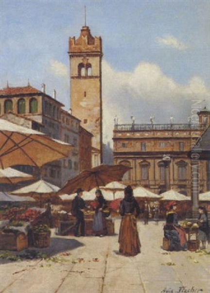 Folkeliv Pa En Markedsplads I Verona Oil Painting by August Fischer