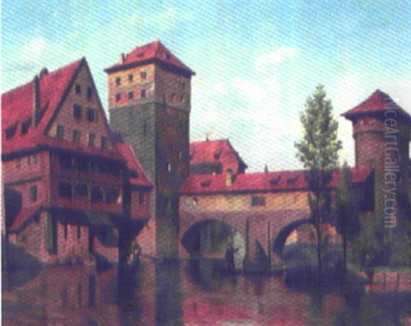 Byparti Med Figurer, Nurnberg Oil Painting by August Fischer