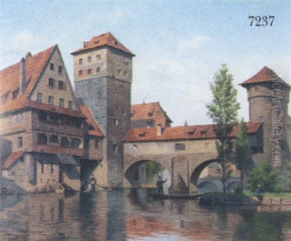 Kanalparti Med Huse Fra Nurnberg Oil Painting by August Fischer