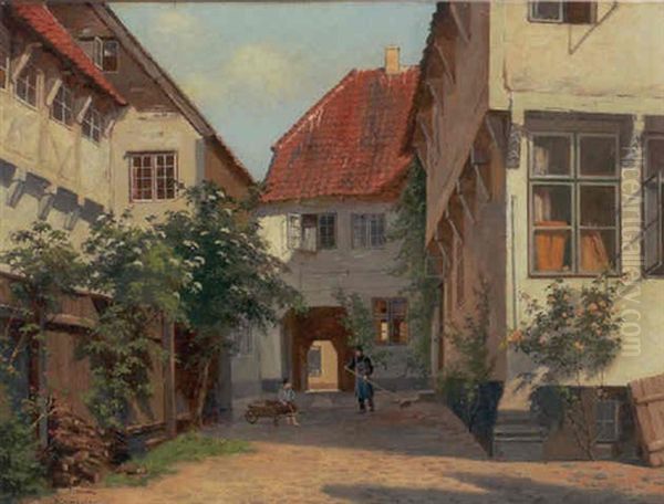 Gardhave Med Fejende Mand Og Dreng, Ribe by August Fischer