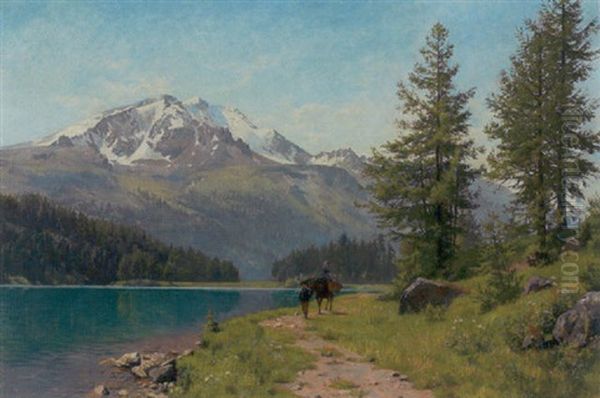 Mand Samt Kone Ridende Ved Vandet, I Baggrunden Sneklaedte Bjerge Oil Painting by August Fischer