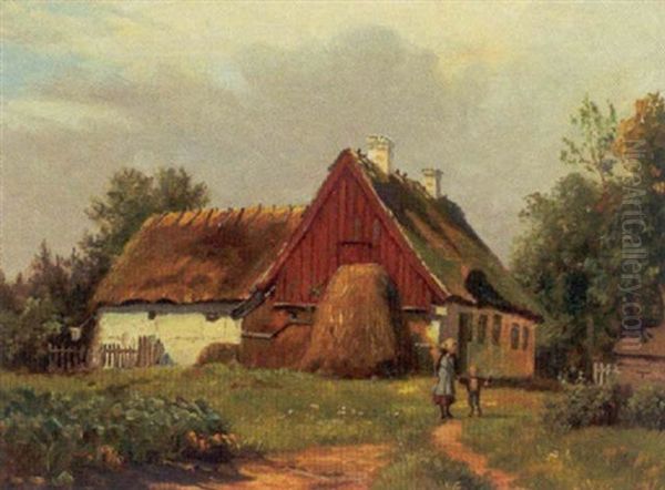 Gardexterior Med To Born, Sommer Oil Painting by August Fischer