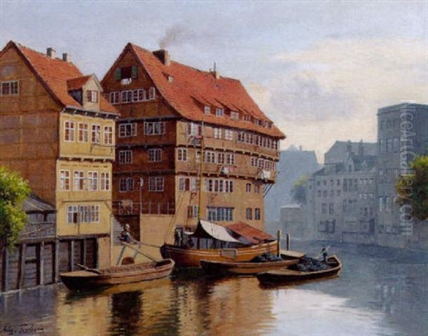 Kanalparti Fra Hamburg Oil Painting by August Fischer