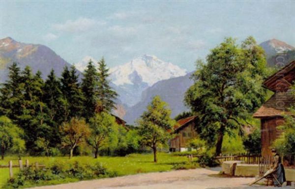 Parti Fra Interlaken Med Sneklaedte Bjergtinder I Baggrunden Oil Painting by August Fischer