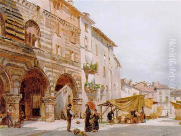 Italiensk Folkeliv Pa En Plads I Byen Oil Painting by August Fischer