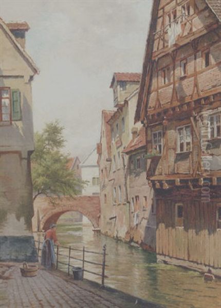 Byprospekt Med Renaessancehuse Ved En Flod, Nurnberg Oil Painting by August Fischer