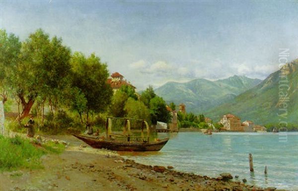 View Of Lake Lugano And The Northern Italian Alps Oil Painting by August Fischer