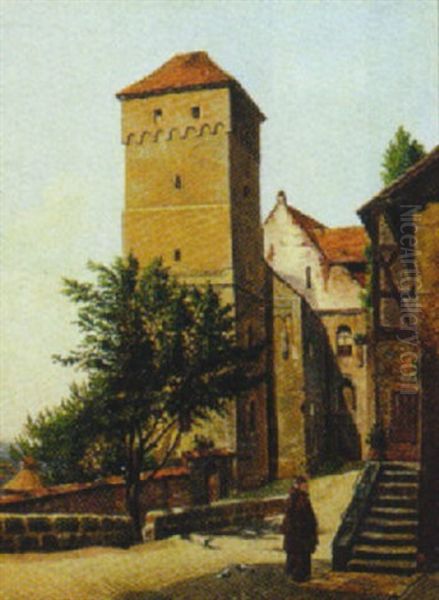 Sydlandsk Eksterior Med Munk Ved Kirke Oil Painting by August Fischer