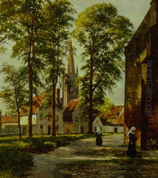 Parti Fra Brugge Med Kirke Og Nonner Oil Painting by August Fischer